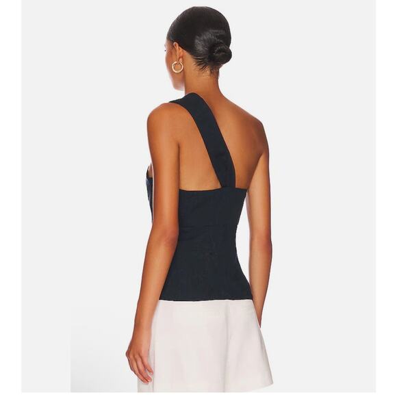 NWT Veronica Beard Belinda Jacquard Linen One Shoulder Strap Top Size 10 Black - Picture 2 of 8